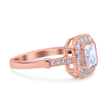 Art Deco Cushion Engagement Bezel Ring Rose Tone, Simulated CZ Solid 925 Sterling Silver